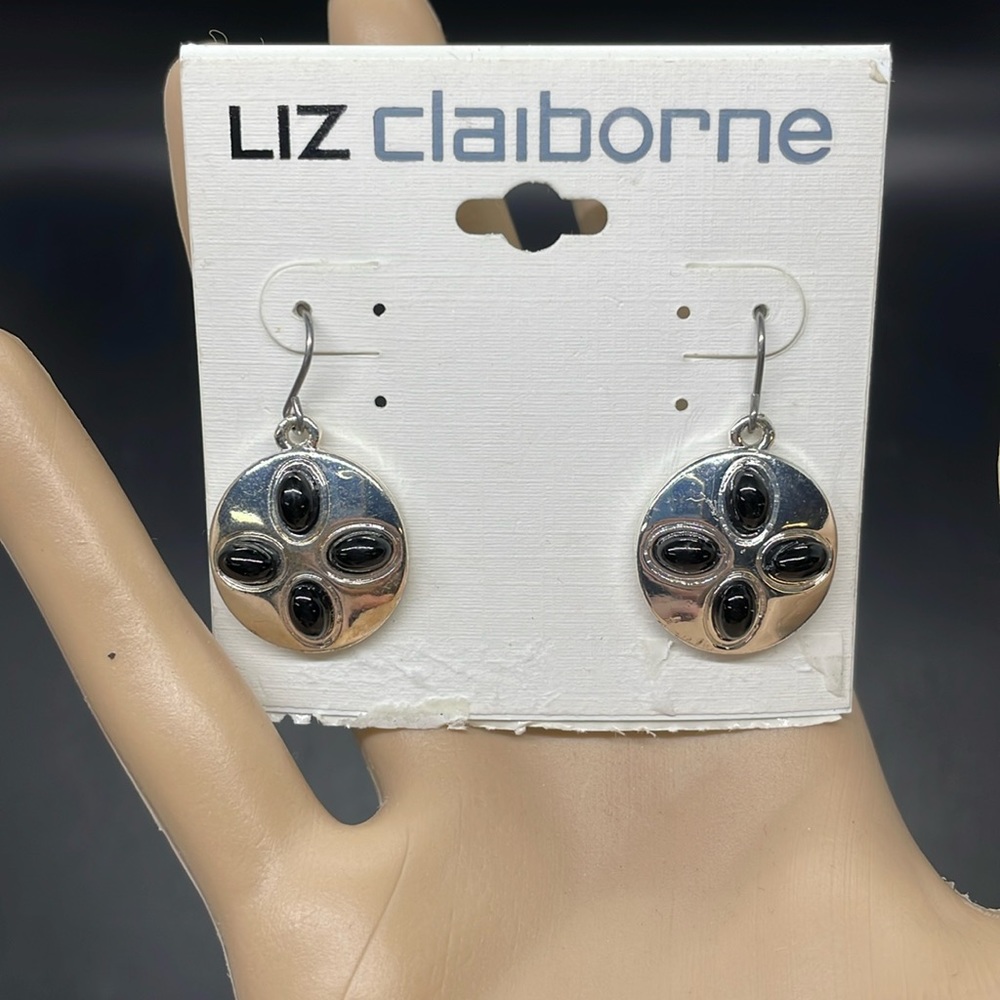 NWT Vintage y2k Liz Claiborne Silver Disc Black Oval Accent Dangle Earrings